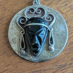 Unique Vintage Mexican Silver Obsidian Aztec Calendar Maya Mask Medallion 2"